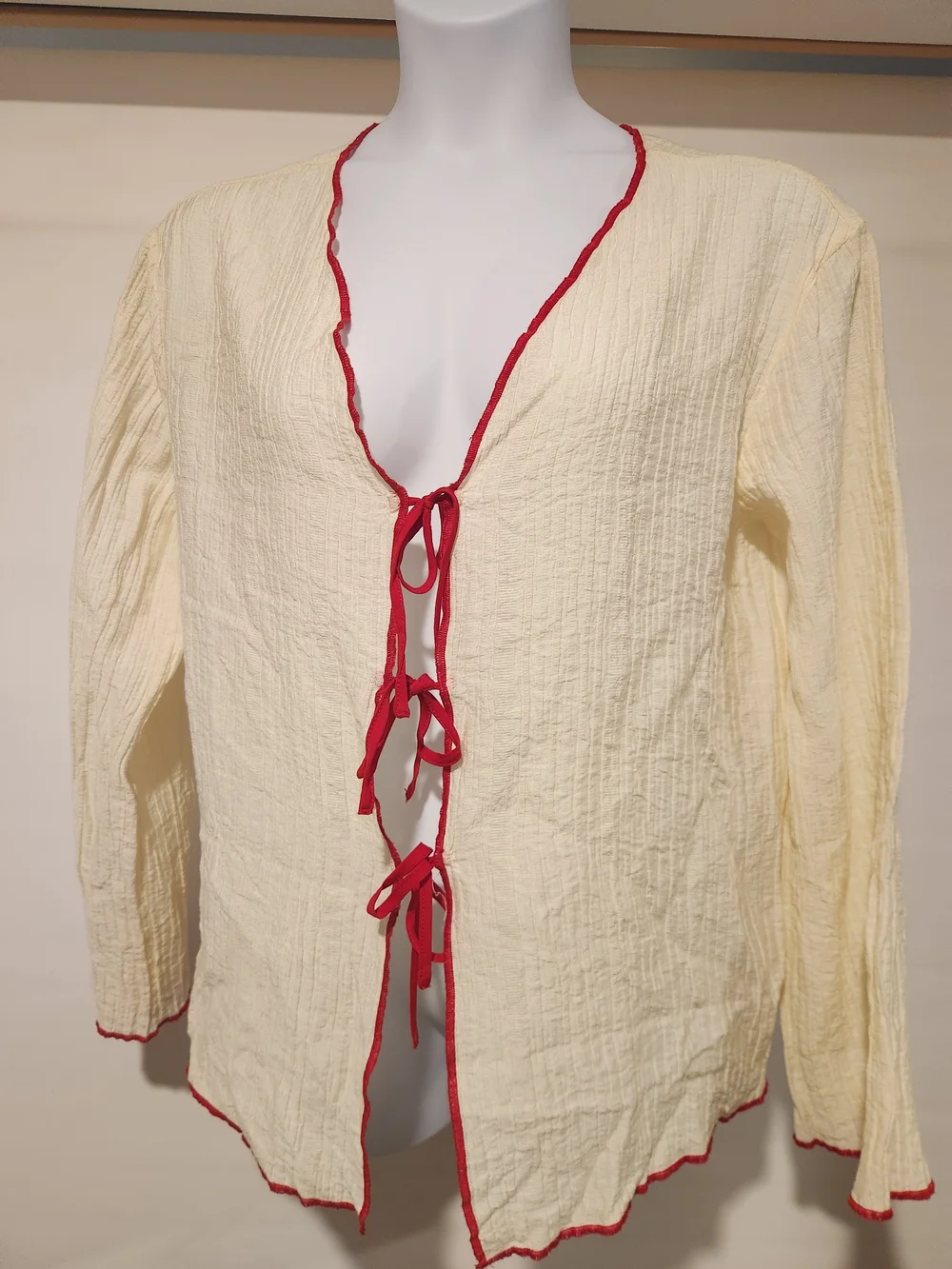 Cream Tie-Front Long-Sleeve Set with Red Trim